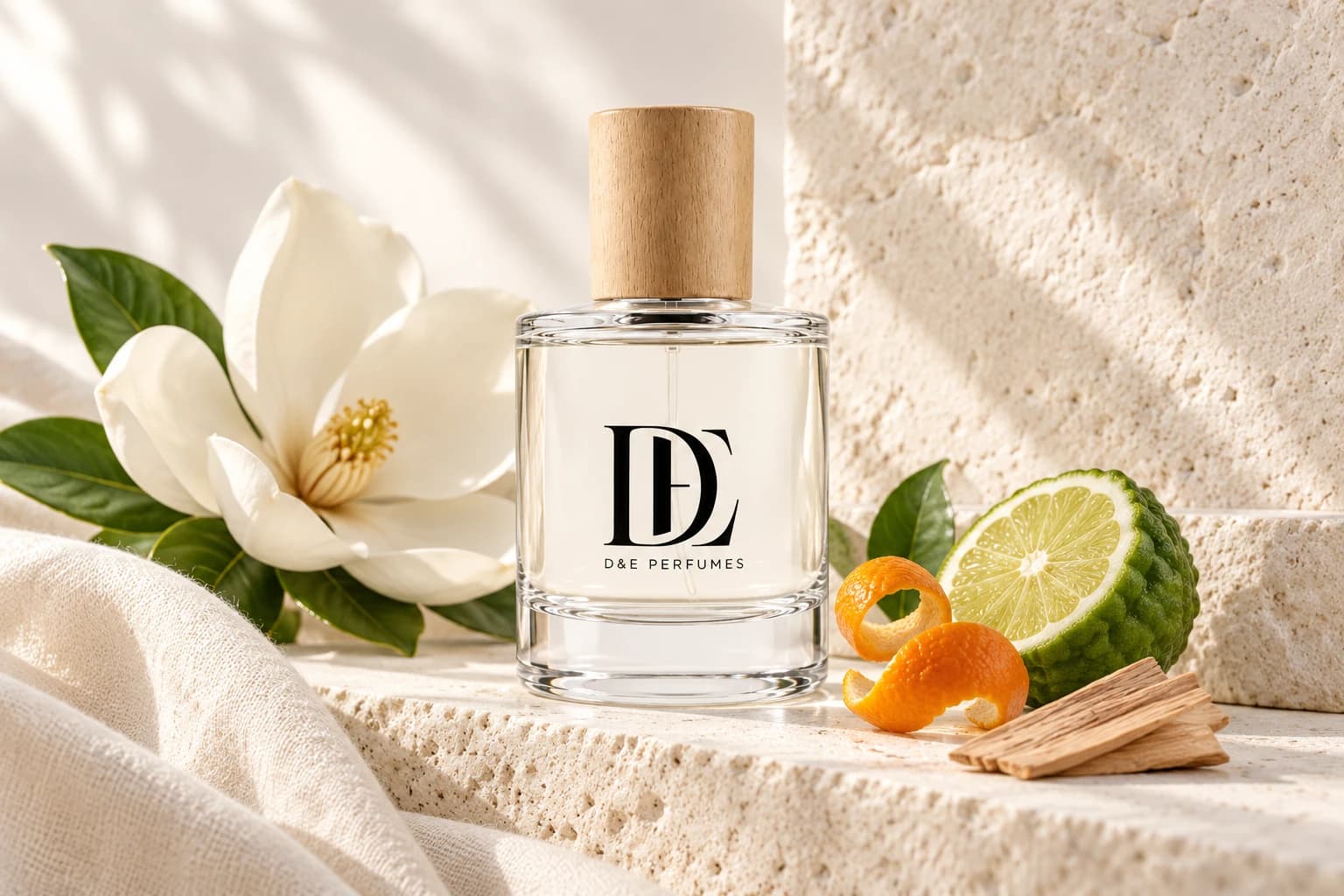 D&E Musk Ritual op warme natuursteen met magnolia en citrus