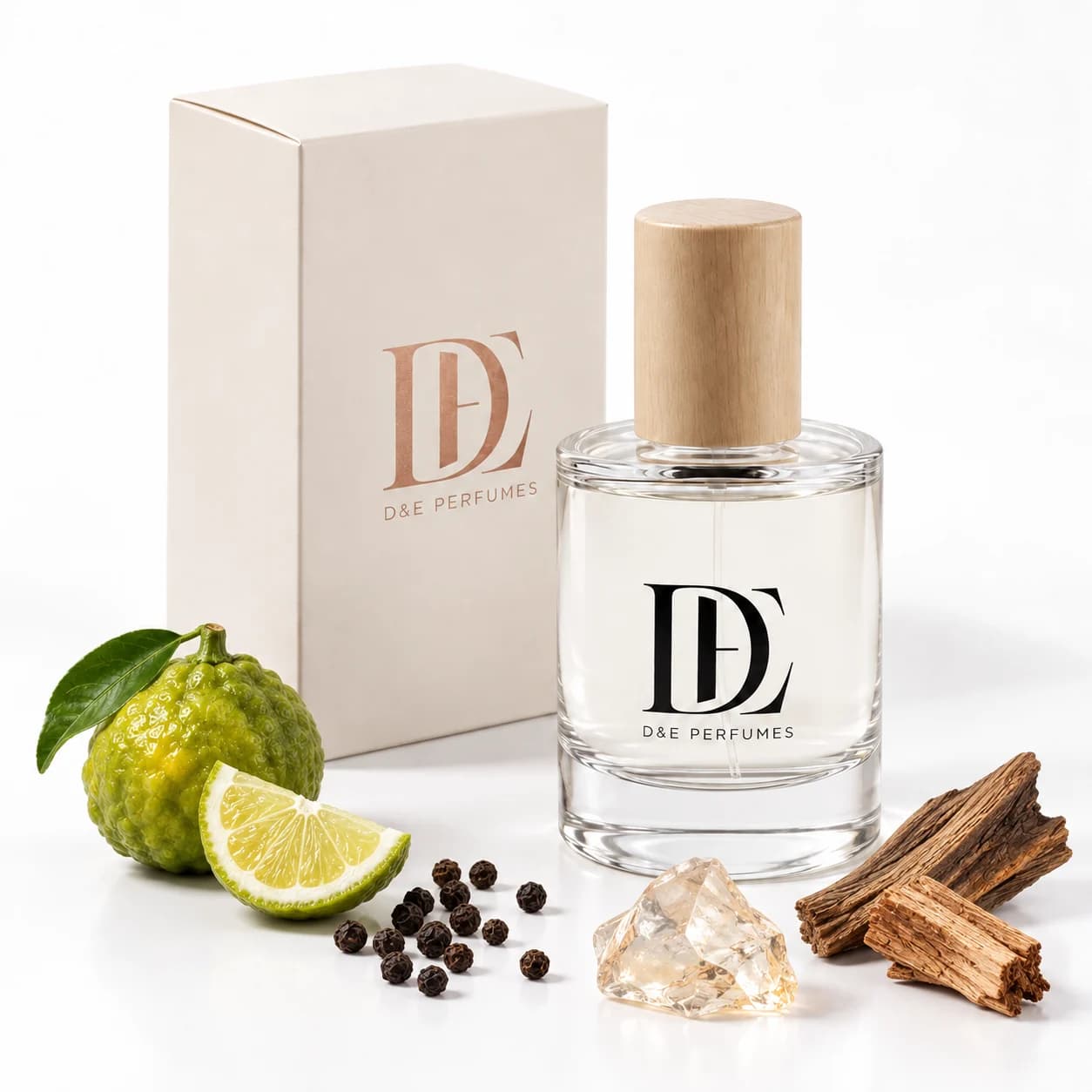 Een D&E-flacon naast het geschenkdoosje met monogram